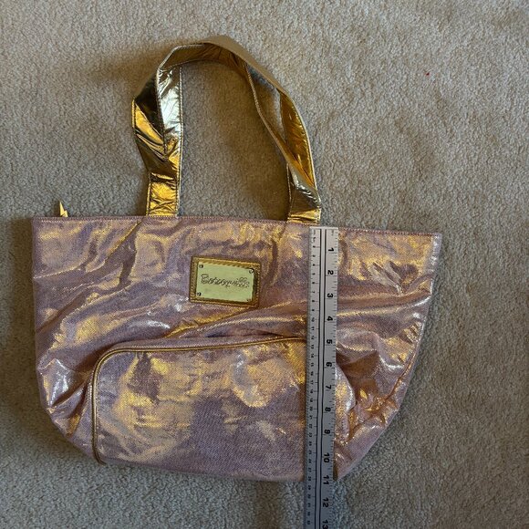 Betsey Johnson Betseyville Pink/ Gold Tote Bag with Lightning Bolt Zipper Charm - Picture 9 of 9